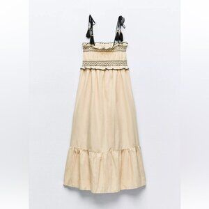 ZARA Midi Dress with Tassels, Light Beige XS